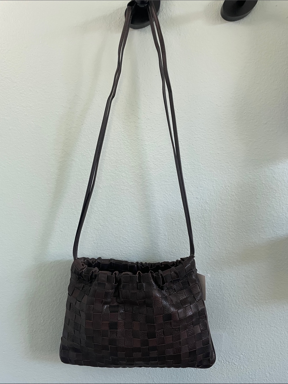 Woven Dark Brown Shoulder Bag with Slim Strap